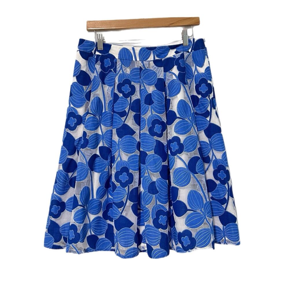 Talbots Pleated Floral Knee Length Skirt 10 Blue Mesh Overlay Cottage Garden